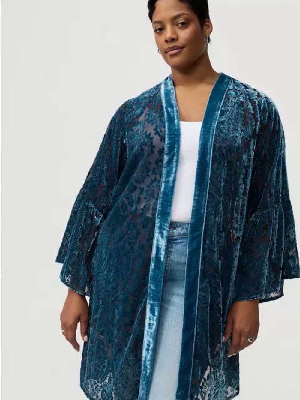 Torrid Velvet Burnout Kimono Teal Blue Ruffle Sleeve Duster SOLD OUT ONLINE